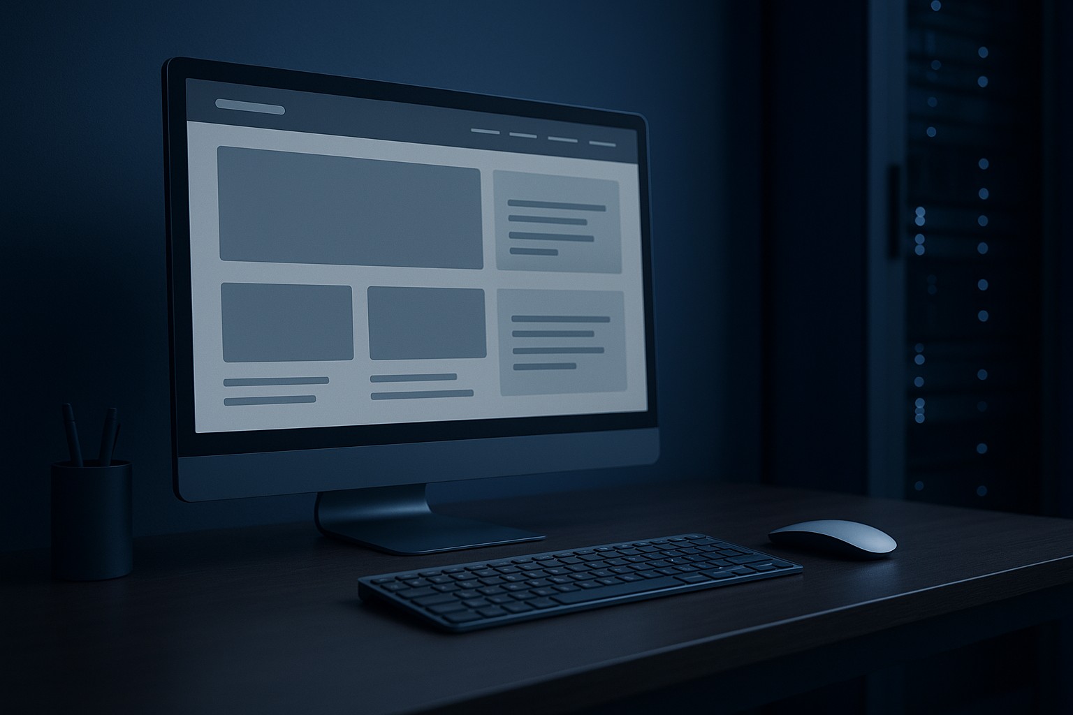 Modern workstation with a website wireframe and softly lit server hardware in blue and silver tones.