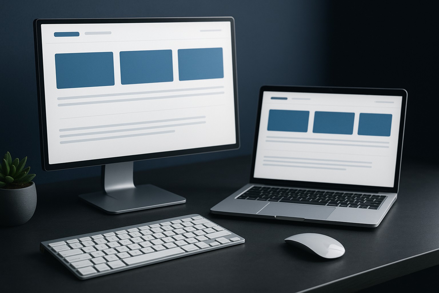 Modern workstation displaying a clean blue and white website interface with polished UI components.