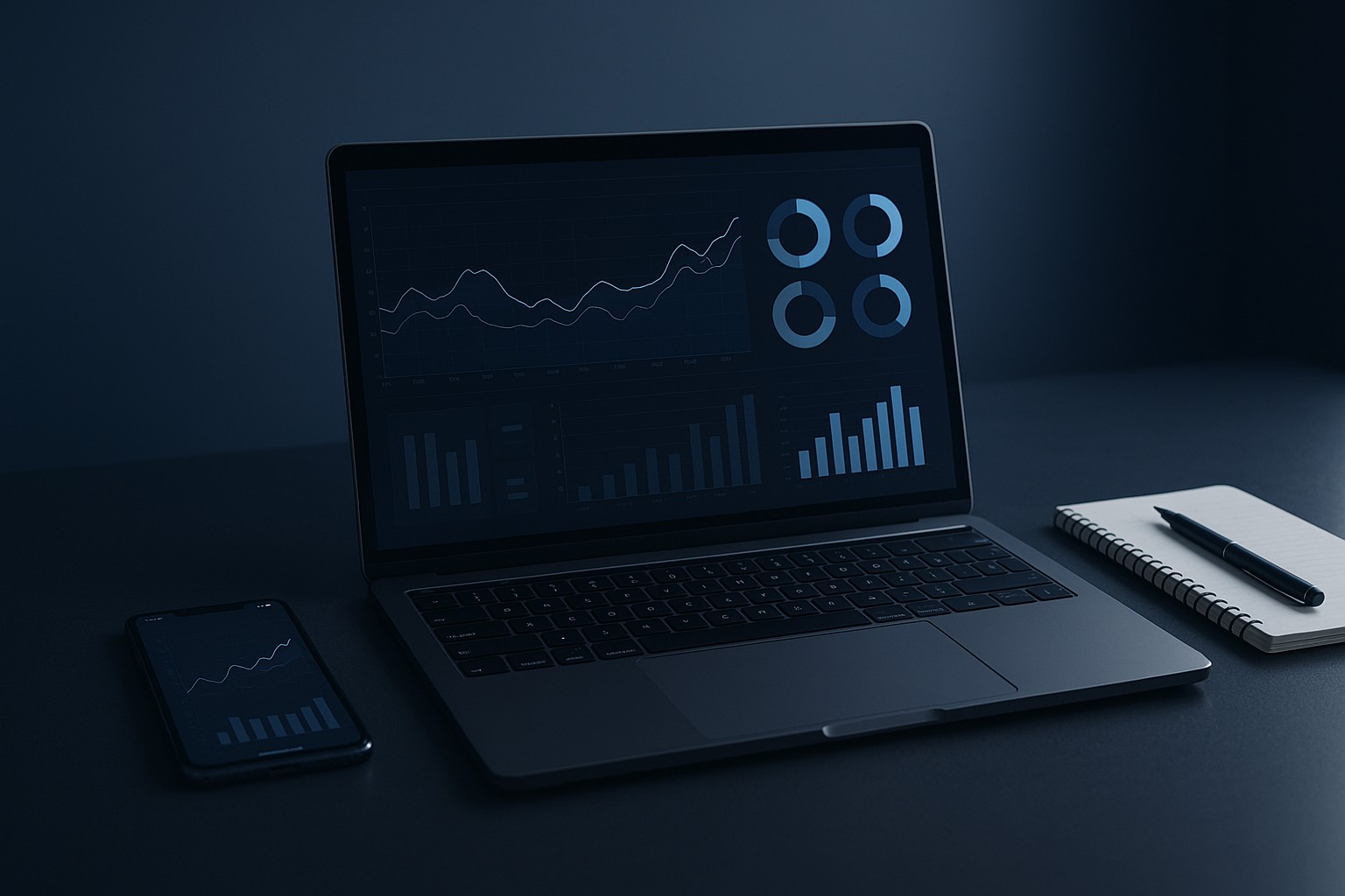 Modern analytics dashboard on a laptop with smartphone on desk in navy and blue tones.