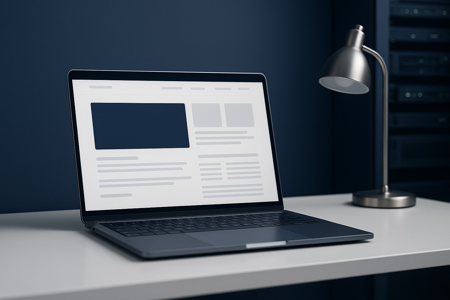 Modern blue-toned workspace with laptop displaying a clean website layout and a softly blurred server rack in the background