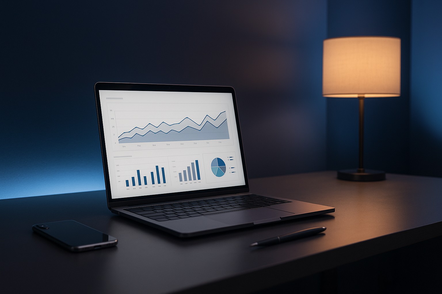 Laptop with analytics dashboard on a desk against a deep navy background with blue and silver accents.